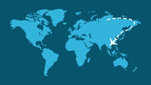 Airplane flight path animation flying around the world map with dotted line for global travel and logistics concept on blue background