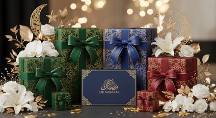 Luxury Eid Mubarak Gift Boxes with Greeting Card and Golden Decorations