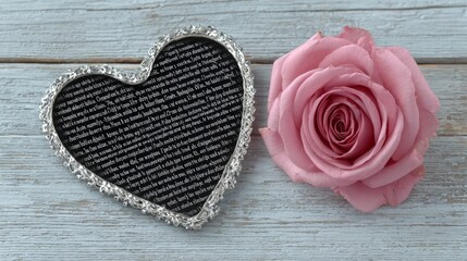 Fototapeta premium A romantic silver heart filled with tiny printed text rests next to a delicate pink rose on rustic wood, ideal for love, anniversaries, or sentimental greeting designs.