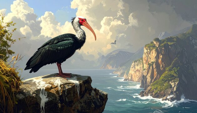 Jabiru Stork Perched on Cliff Overlooking Ocean at Sunset with Dramatic Clouds