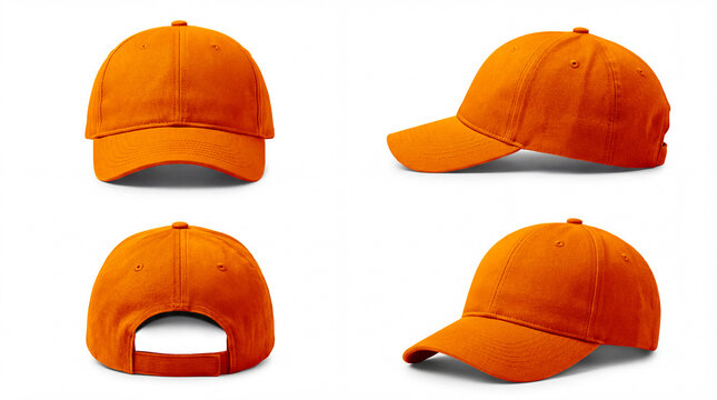 Orange baseball cap mockup showing front view, back view, left profile and perspective view, modern blank headwear isolated on white, perfect for creative branding, fashion presentations, online store