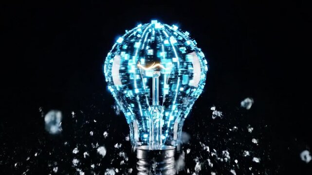 A broken light bulb explodes in a shower of glass fragments and glowing sparks against a dark background