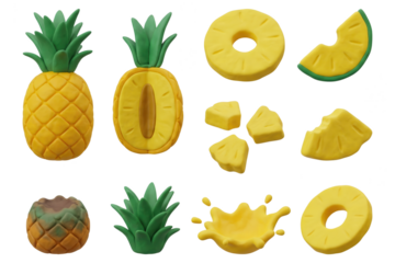 Pineapple Still Life: Whole, Cut, and Rotten on White