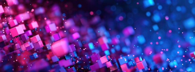 Digital geometric cubes representing data, technology, and virtual reality, flowing in a vibrant neon pink and blue abstract field