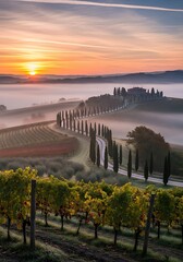 Fototapeta premium Sunrise Mist: Serpentine Road Through Vineyards.