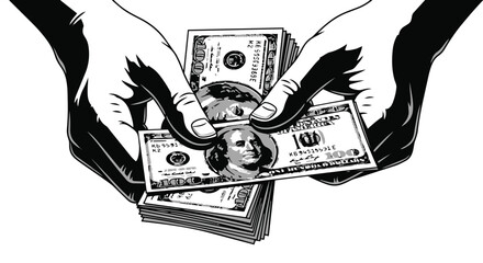 Hands exchanging a stack of dollar bills