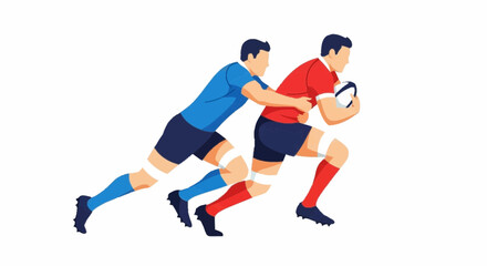 Two rugby players in action, one in red and the other in blue, competing intensely on the field during a match.