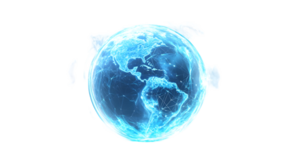 Glowing neon blue holographic globe on transparent background with futuristic lighting effects