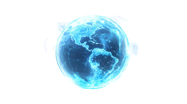 Glowing neon blue holographic globe on transparent background with futuristic lighting effects - Powered by Adobe