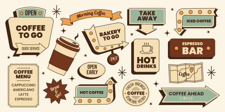 Retro coffee to go sign sticker set with arrows, slogans, coffee cup, lettering and more. Vector illustration in vintage brown teal colors mid century 50s style for branding, menu, print, travel blog