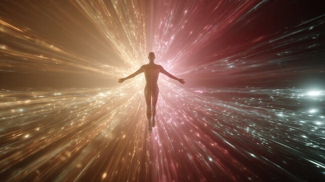 Human figure floating with arms outstretched through a tunnel of bright streaking golden and reddish lights