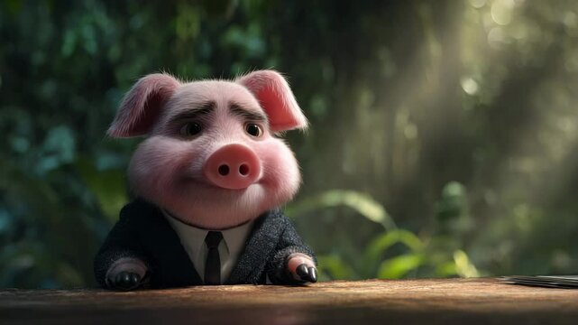 Cute 3D cartoon pig character wearing business suit sitting on office desk, funny corporate mascot concept.