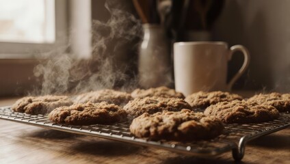 Freshly baked cookies steaming on a wire rack, beside a mug of hot beverage