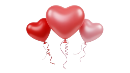 Three festive heart shaped balloons in shades of red and pink float gently.