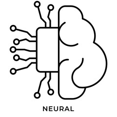 Neural Network Line Icon &ndash; Brain Circuit with Chip, Artificial Intelligence Machine Learning Symbol for UI