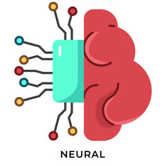 Neural Network Flat Icon &ndash; AI Brain Circuit Illustration with Microchip, Machine Learning Technology Symbol