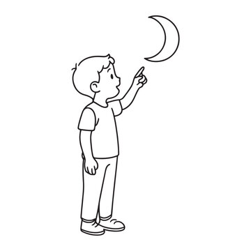 Boy Pointing at the Moon - Whimsical Illustration for Kids and Dreams