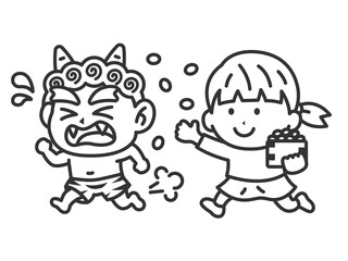 赤鬼を対峙する、女の子のアイコン（線画）のイラスト
