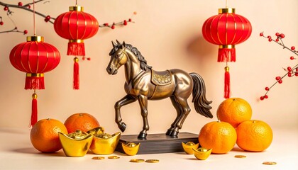 Lunar new year: horse with red lantern in 3D model