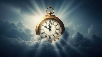 Golden Pocket Watch Above Stormy Dark Clouds with Heavenly Light Symbolizing the Passage of Eras
