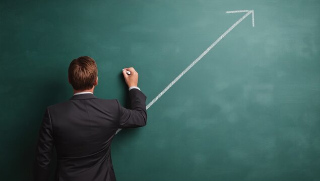 Businessman drawing an ascending arrow on a green chalkboard symbolizing success, progress, and financial growth strategy