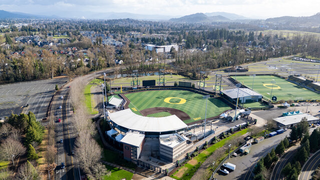 Aerial view of PK Park is a baseball stadium in Eugene, Oregon. It is the home field of the University of Oregon Ducks of the Big Ten Conference.