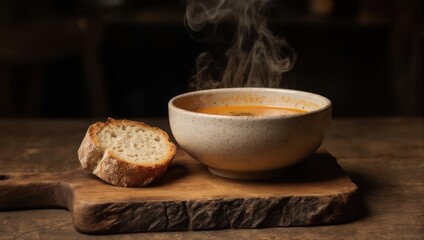 A bowl of steaming, light orange soup, resting on a rustic wooden board with slices of bread
