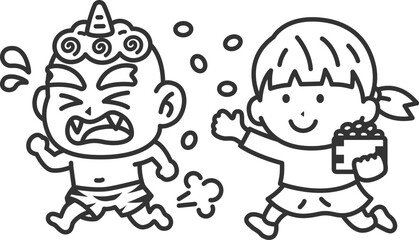 青鬼を対峙する、女の子のアイコン（線画）のイラスト