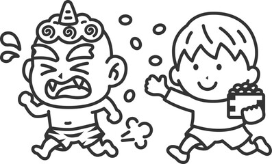 青鬼を対峙する、男の子のアイコン（線画）のイラスト