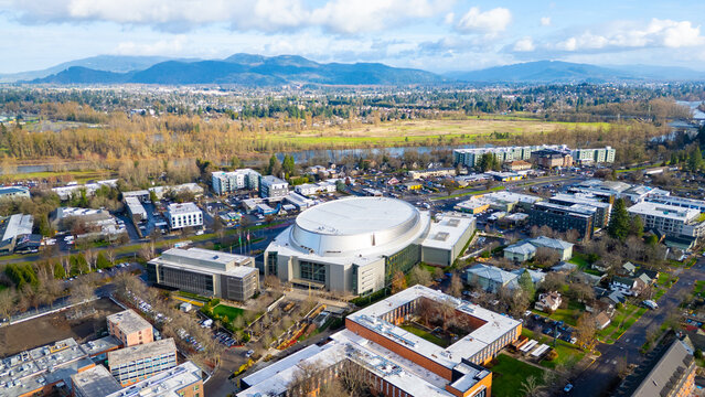 Aerial view of Matthew Knight Arena is a multi-purpose arena in Eugene, Oregon. It is home of the Oregon Ducks men's & women's basketball teams, along with the volleyball team.