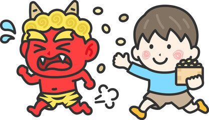 赤鬼を対峙する、男の子のアイコン（線画カラー）のイラスト