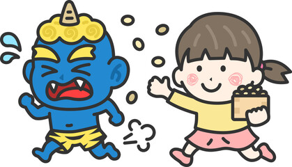 青鬼を対峙する、女の子のアイコン（線画カラー）のイラスト