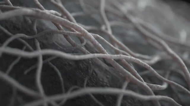 Close-up of a complex organic network. White threads intertwine on a textured grey surface, showing microscopic growth.