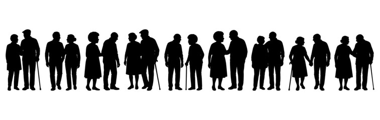 Vector illustration. An elderly couple of pensioners. A large set of people.	