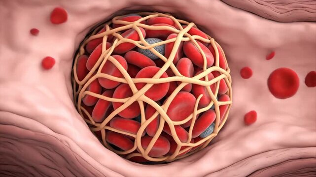 Visualizing the intricate process of blood coagulation, where platelets and red blood cells form a thrombus.