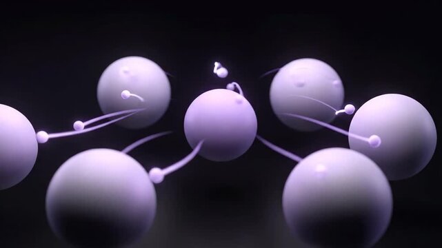 Abstract animation of glowing purple spheres connecting and interacting, forming dynamic networks and then splitting.