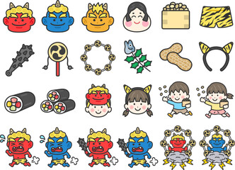 豪華版！節分のスペシャルアイコン（線画カラー）のイラストセット