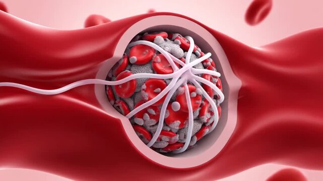 Animation of blood clot formation in a vessel, showing platelets, fibrin, and red blood cells aggregating.