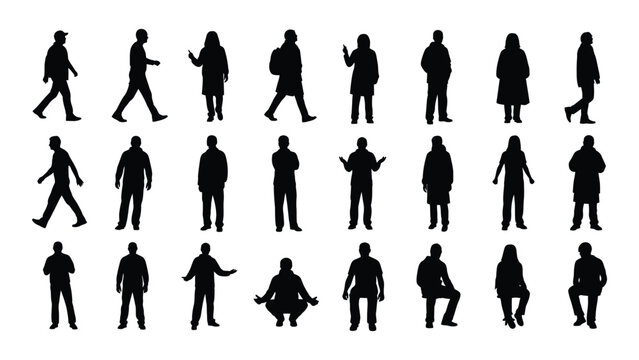Collection of silhouetted human figures isolated on white background, Vector
