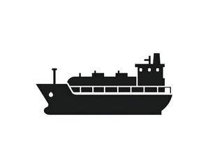 Obraz premium Black silhouette of a cargo vessel, transporting goods across water, set against a plain white background. Depicts maritime industry