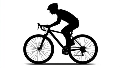 Obraz premium Black silhouette of a cyclist riding a road bike, person in helmet and sportswear, against a white background, representing sport and movement