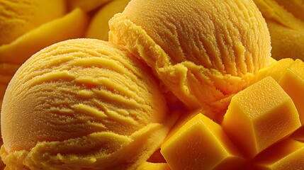 Mango ice cream scoops with fresh diced mango tropical dessert