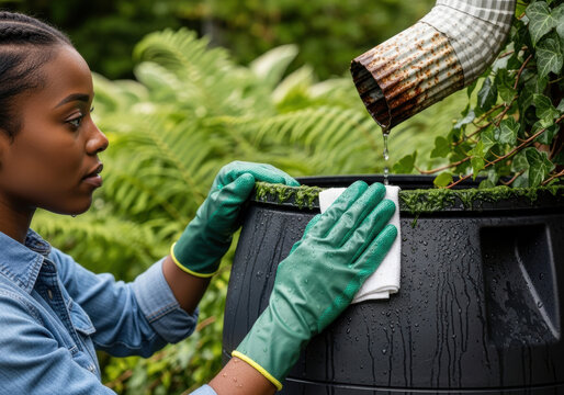Focused young woman maintaining outdoor rain barrel system with protective gloves, carefully cleaning moss and algae from water collection container under garden downspout