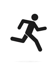 Black silhouette of a person in motion, legs and arms spread, depicting speed, vitality, and running on a clean white background