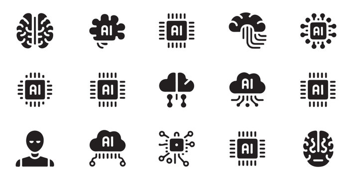 Digital brain and ai processor glyph icons for machine learning and futuristic technology