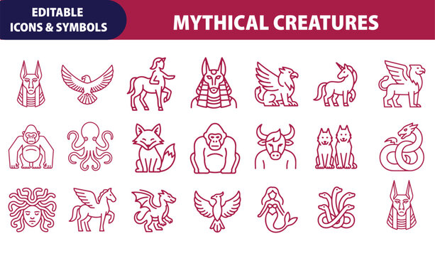 A collection of maroon line icons representing various mythical creatures and legendary beasts on white