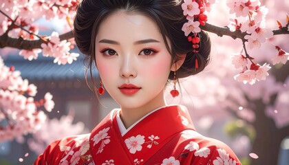 Beautiful Asian Woman in Red Kimono with Cherry Blossoms