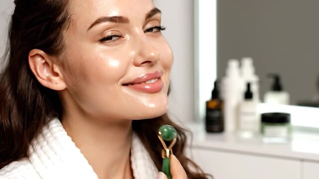 Woman enjoys jade roller facial massage, skin glowing
