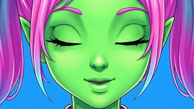 Cartoon Alien Girl Portrait with Green Skin and Pink Hair in Ponytails on a Blue Background Digital Art Style Illustration Anime Big Eyes