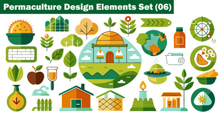 Naklejka premium Permaculture design elements set six flat graphic icons for green building and ecosystem vector illustration.